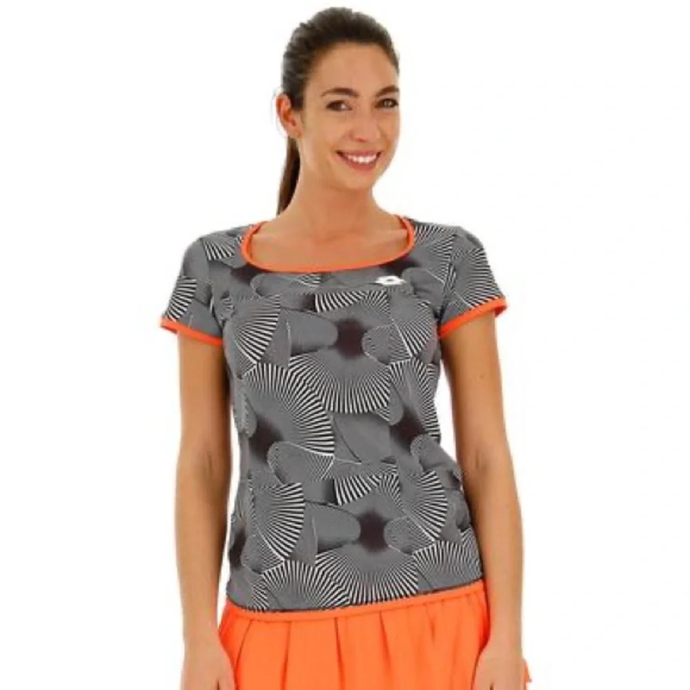 LOTTO Tech Tennis Tee Short Sleeve T-Shirt Black White Orange Trim Size Medium - Picture 3 of 12